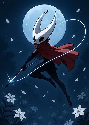 Hornet from Hollow Knight under moonlight