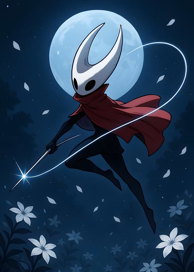 Hornet from Hollow Knight under moonlight