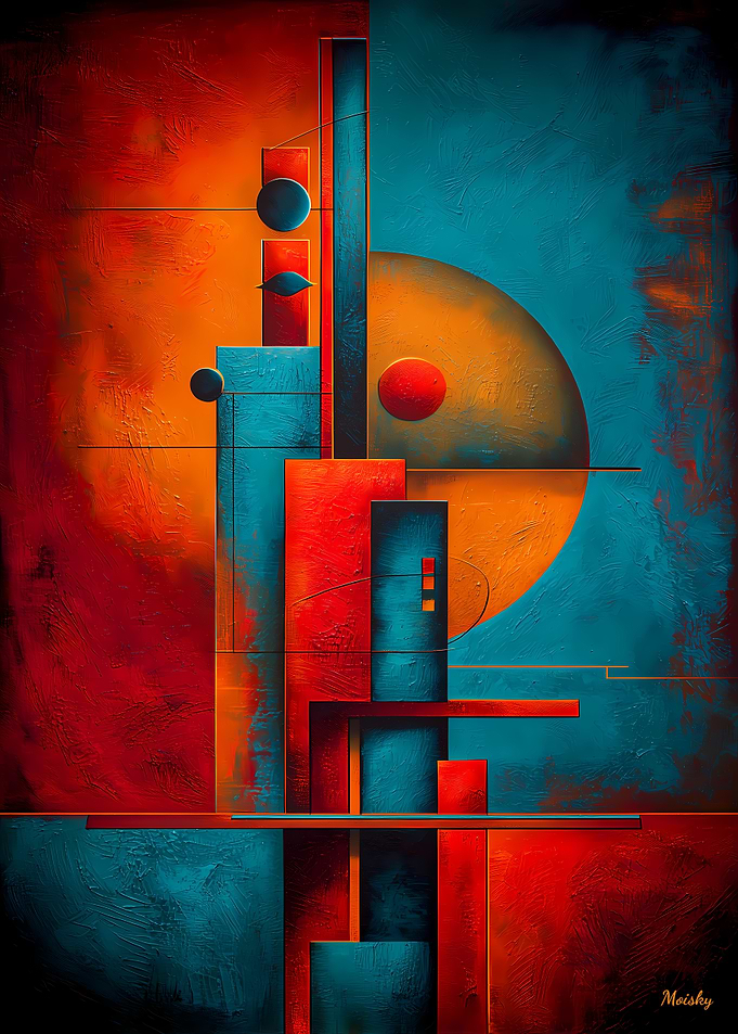 Bauhaus Abstract Geometry – Vertical Blocks in Red, Teal & Gold