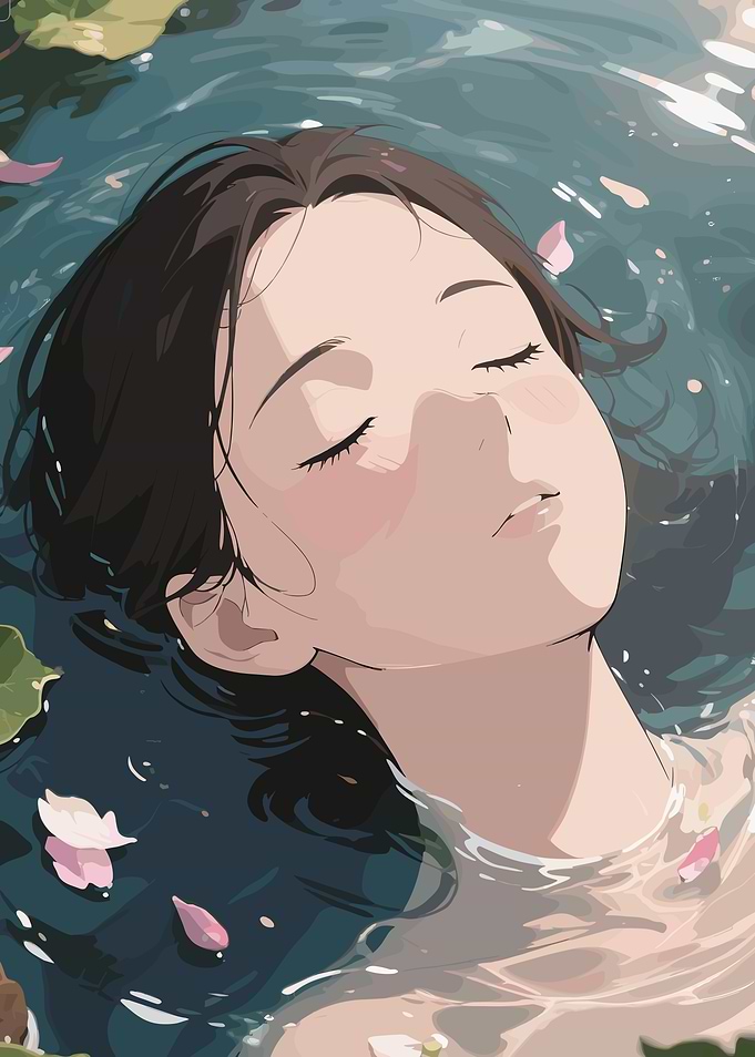 Woman Floating in Water with Petals