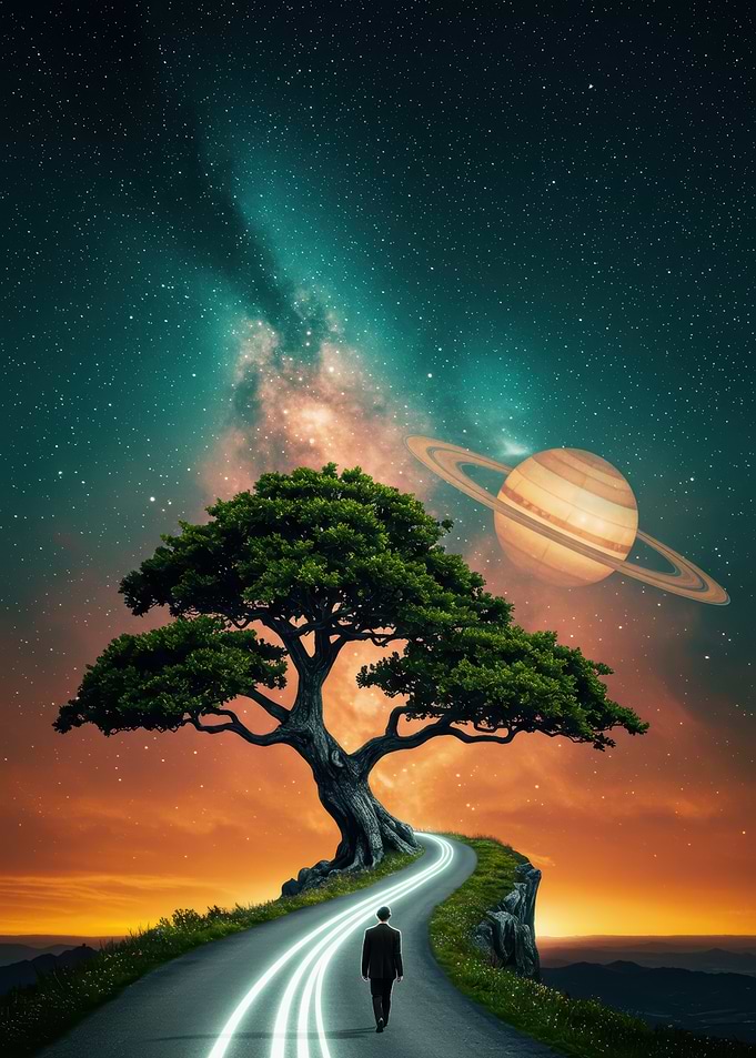 Cosmic Journey: Tree, Road, and Saturn