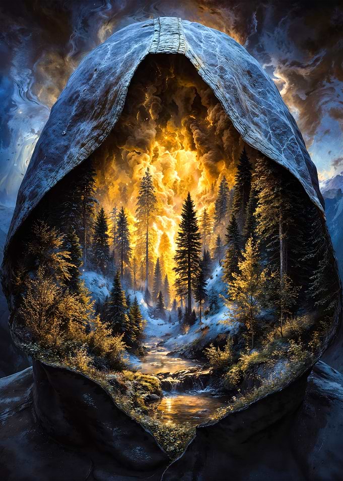 Hooded Figure with Forest Landscape