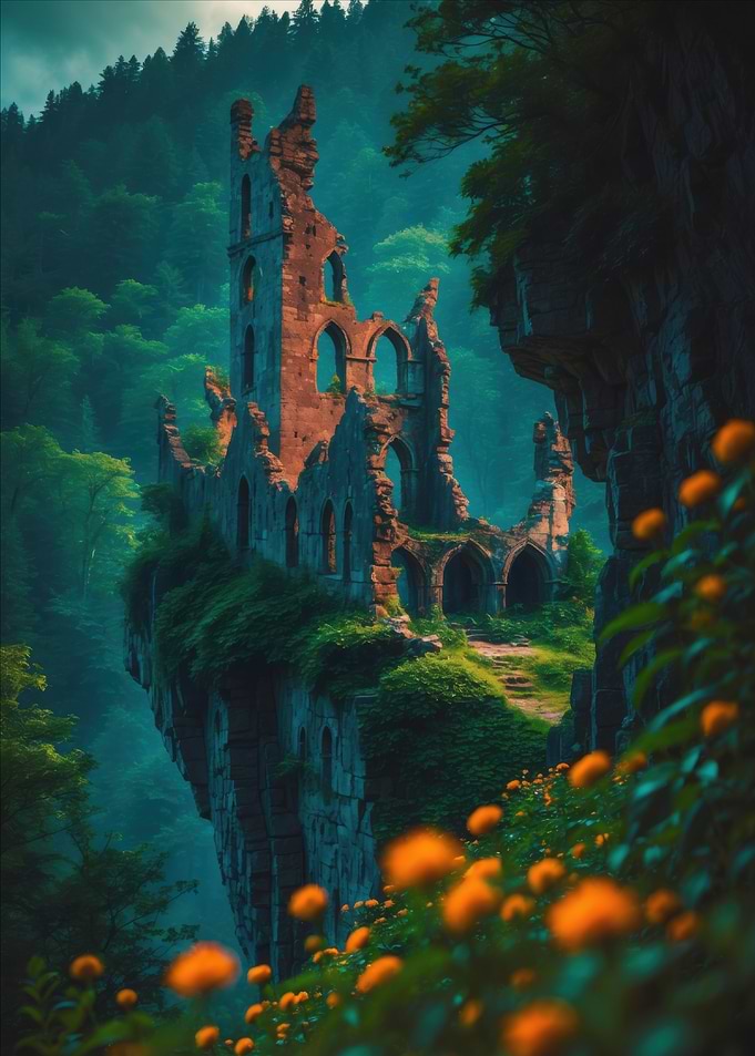 Ruined Castle in Lush Landscape