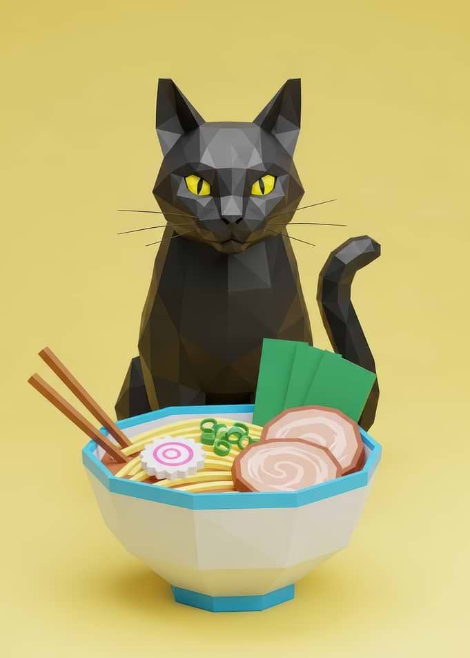 Low Poly Cat with Ramen Bowl