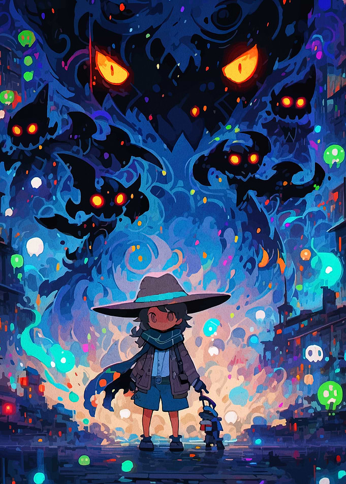 Child facing dark spirits in city