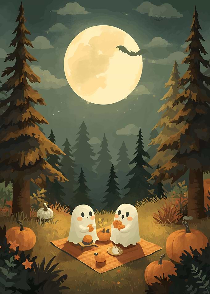 Cute Ghost Picnic Under the Moonlight