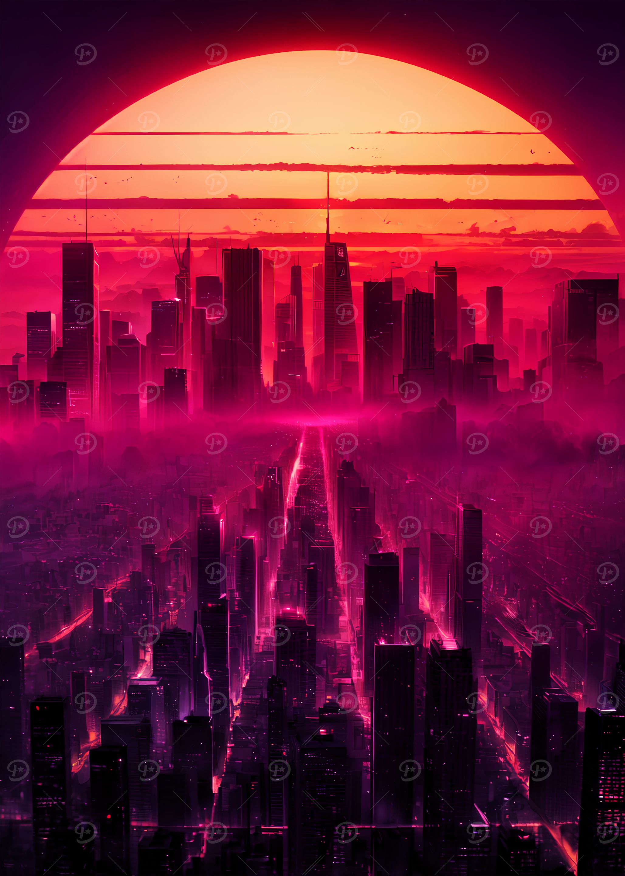Cyberpunk Cityscape with a Red Sun