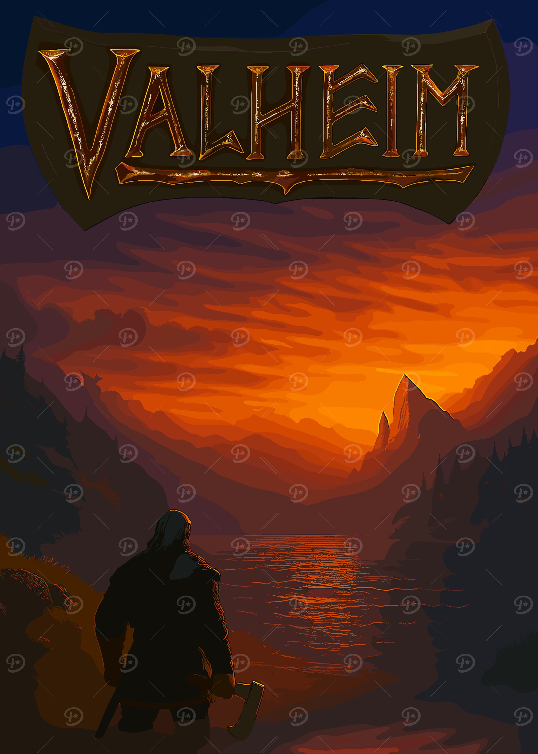 Valheim landscape with viking at sunset