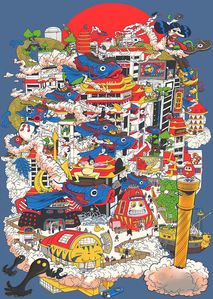 Surreal Japanese Cityscape with Fish
