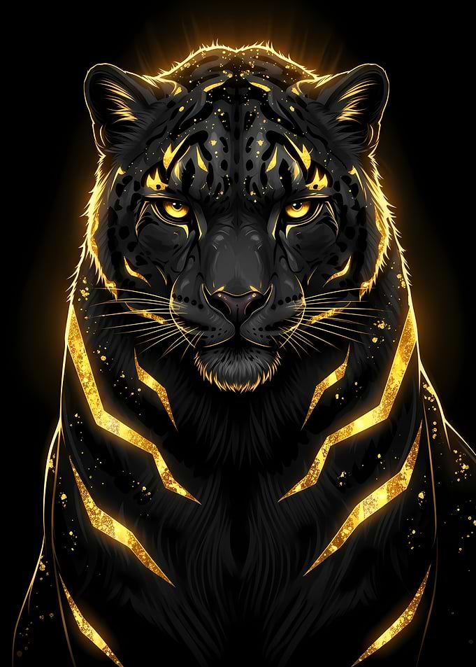 Golden Jaguar Portrait on Black Background