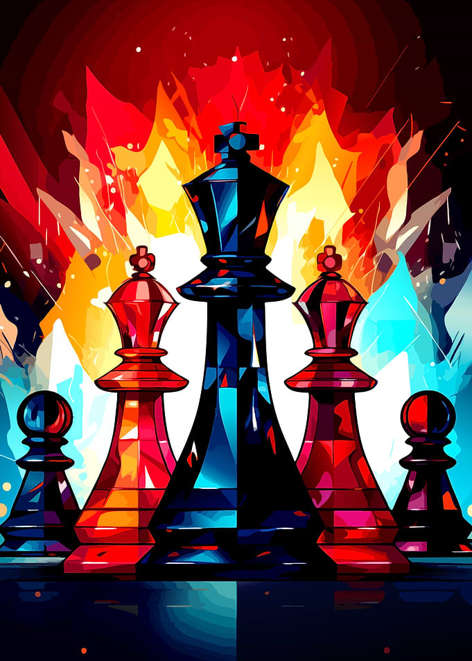 Chess Pieces in Fiery Abstract Art