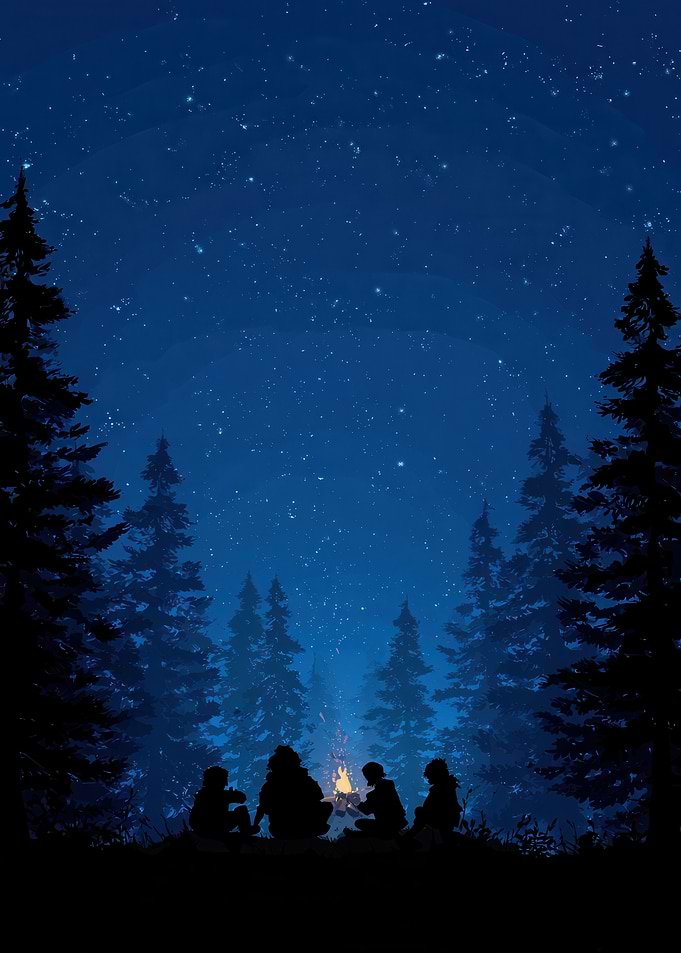 Campfire under starry night sky