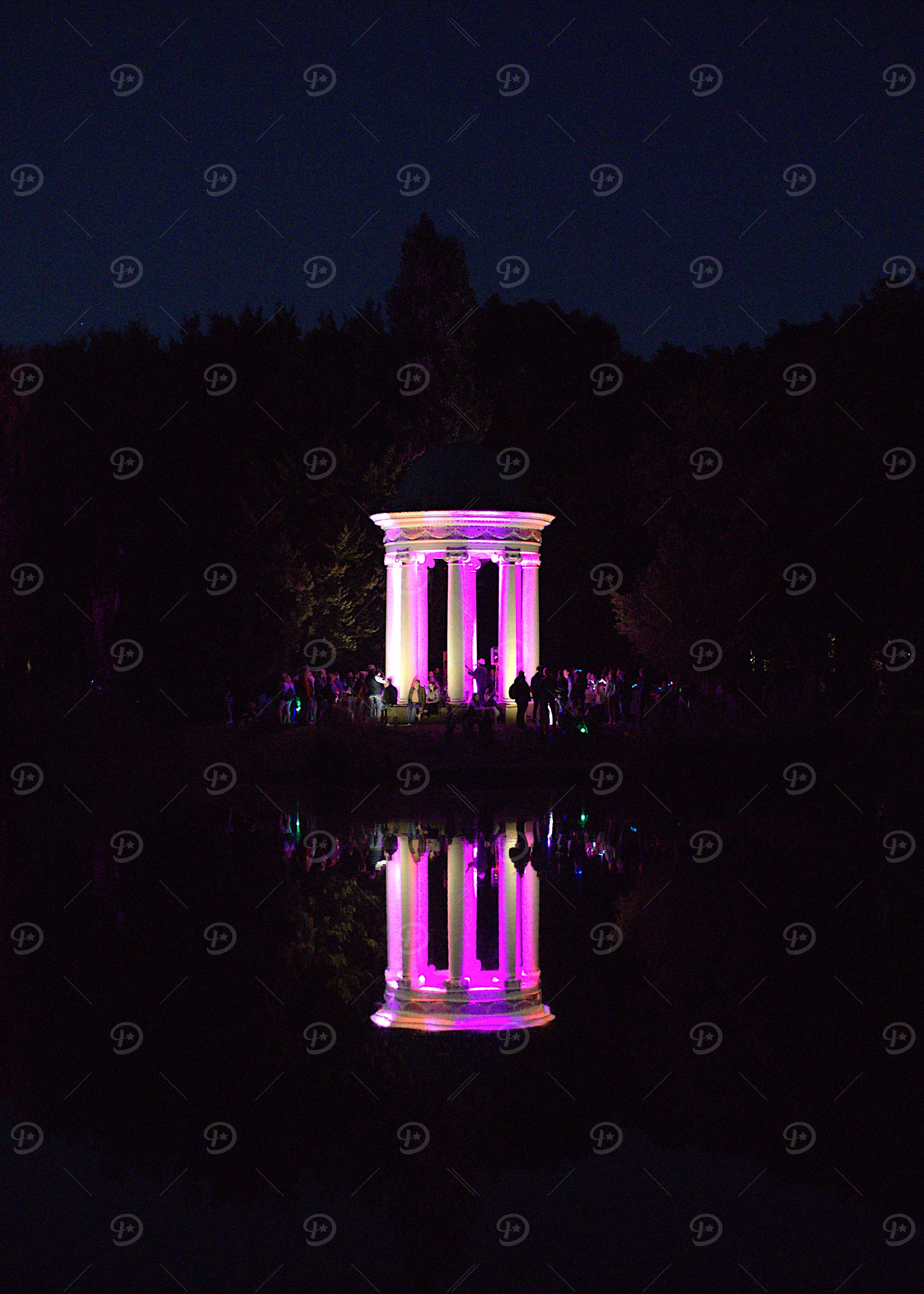 Illuminated Temple Reflection at Night