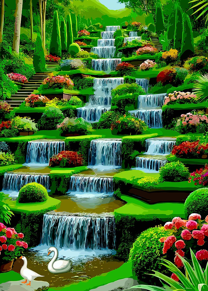 Cascading Waterfall Garden with Swans