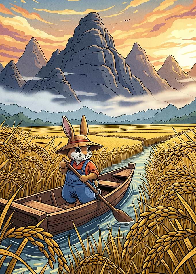 Rabbit Boat Rice Field Landscape