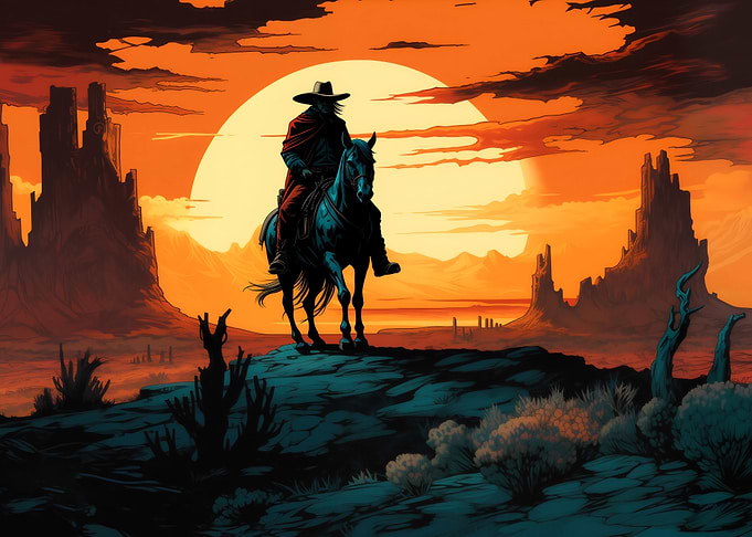 Cowboy on Horseback at Sunset