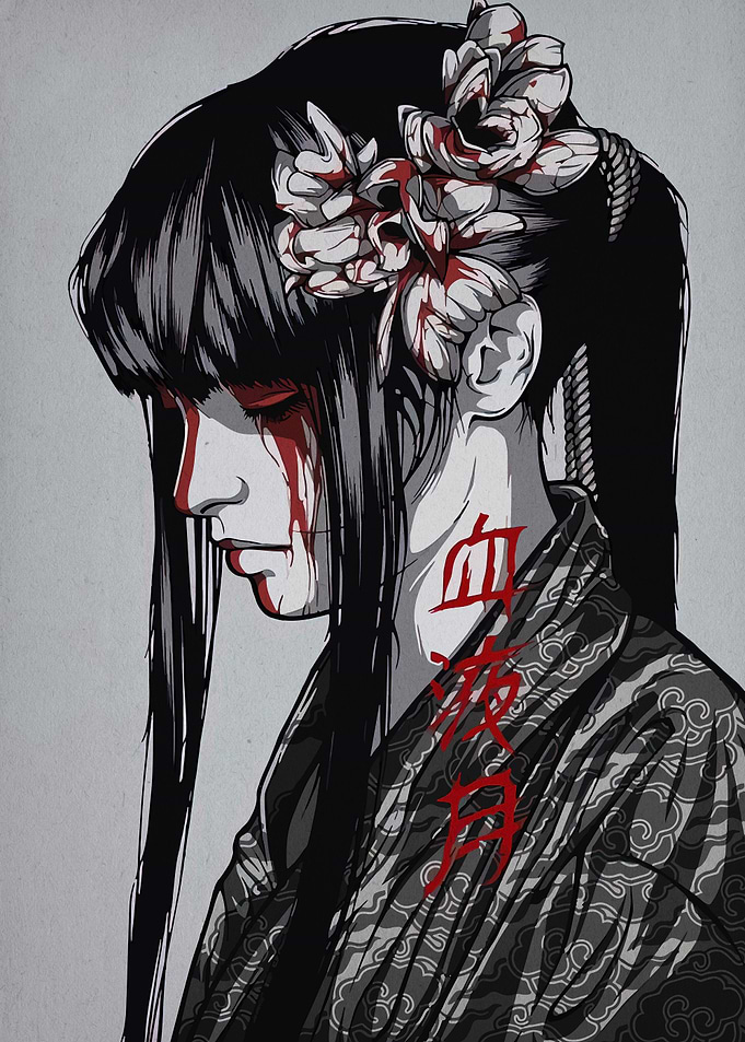 Bloody Geisha with Flowers and Kimono