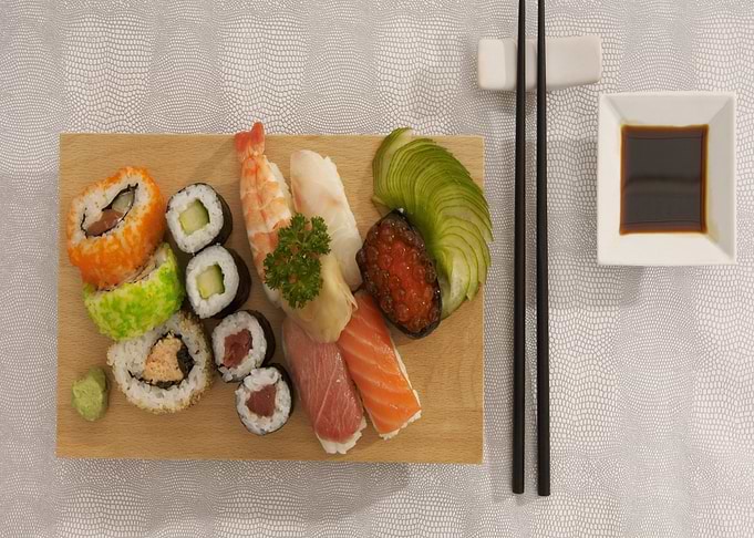 Sushi Platter with Chopsticks and Soy