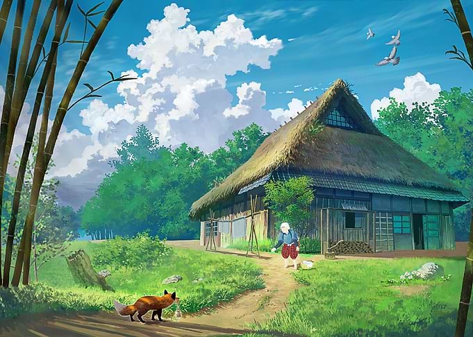 Rural Japanese Landscape with Thatched House