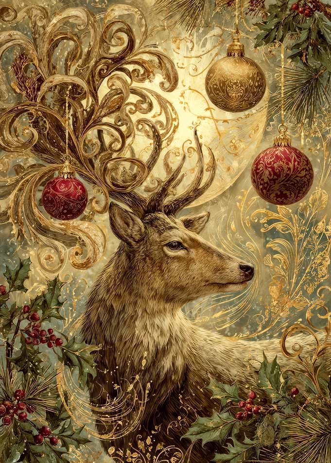 Christmas Deer with Ornaments and Holly