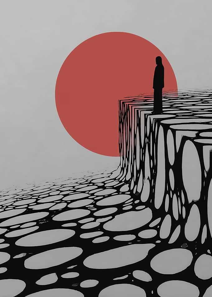 Silhouette on Abstract Landscape with Sun