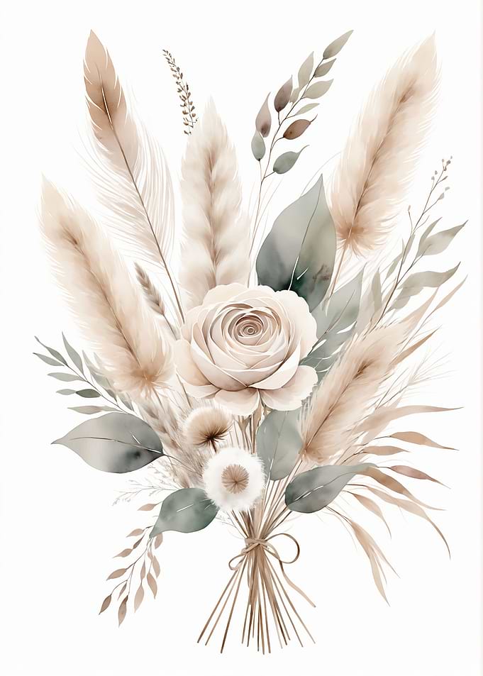 Watercolor Floral Bouquet with Feathers