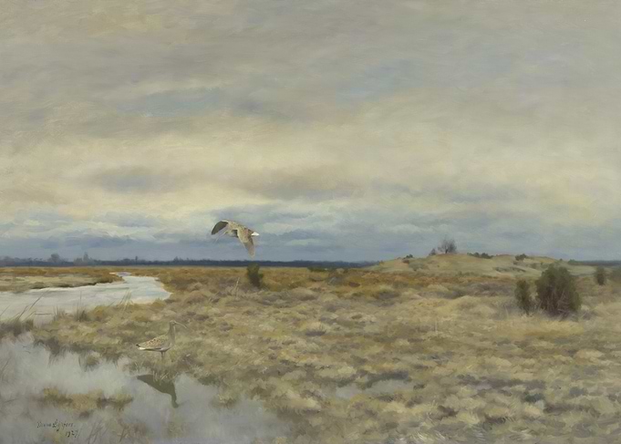 Landscape with Flying and Swimming Birds