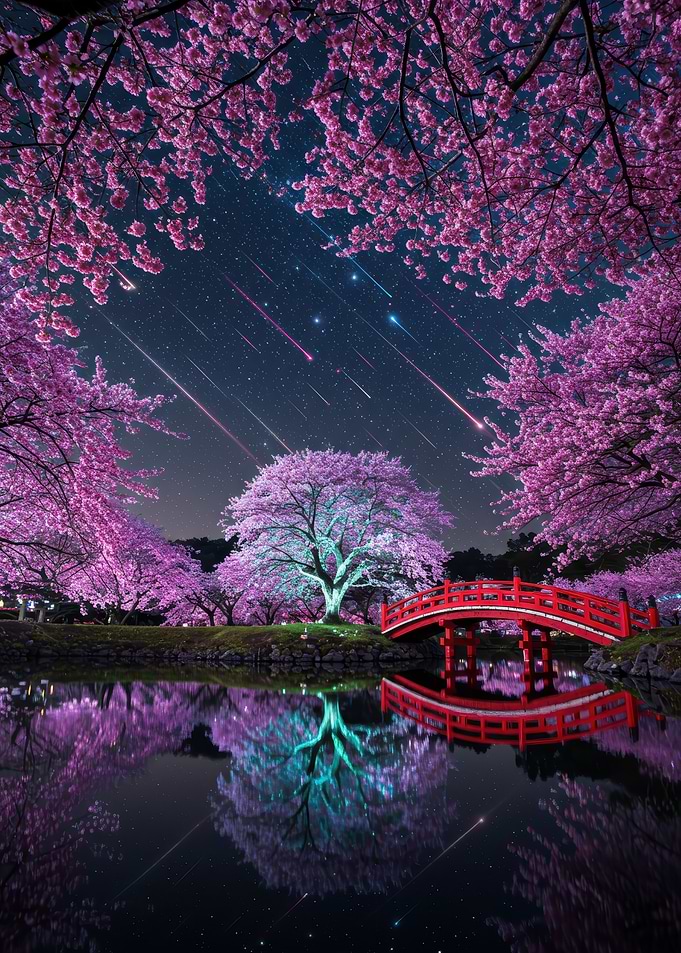Cherry Blossoms, Bridge, and Night Sky
