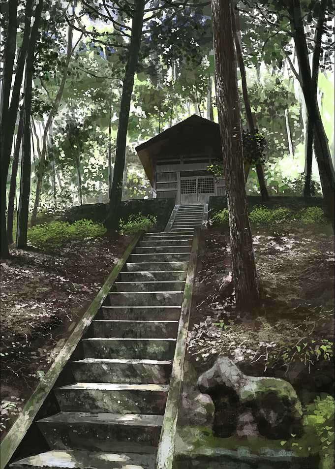 Japanese Shrine in Forest Illustration