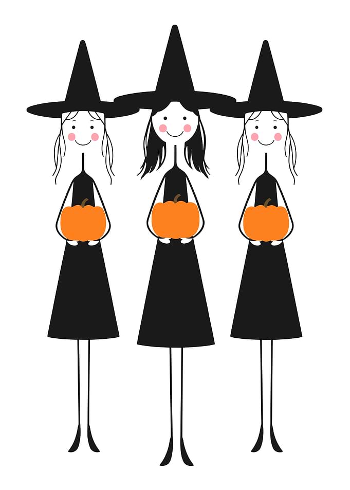 Three Cute Halloween Witches with Pumpkins