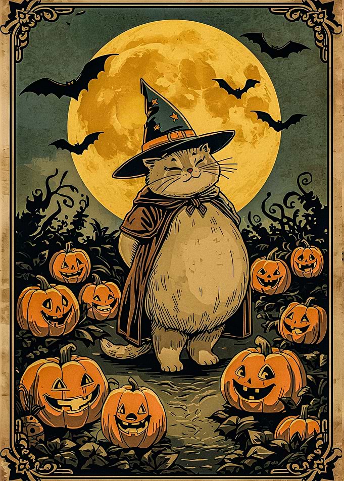 Halloween Cat Wizard with Pumpkins