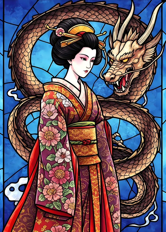 Geisha and Dragon Stained Glass Art