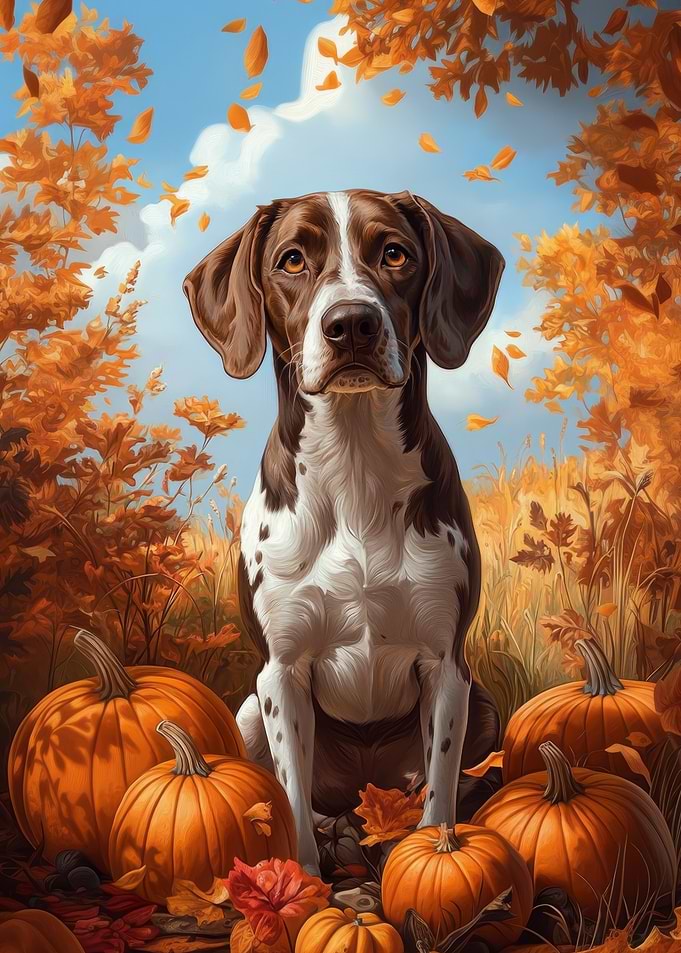 Pointer Dog with Pumpkins in Autumn Scene | Autumn Dog Art