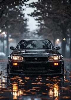 Black Nissan Skyline R34 in Rain