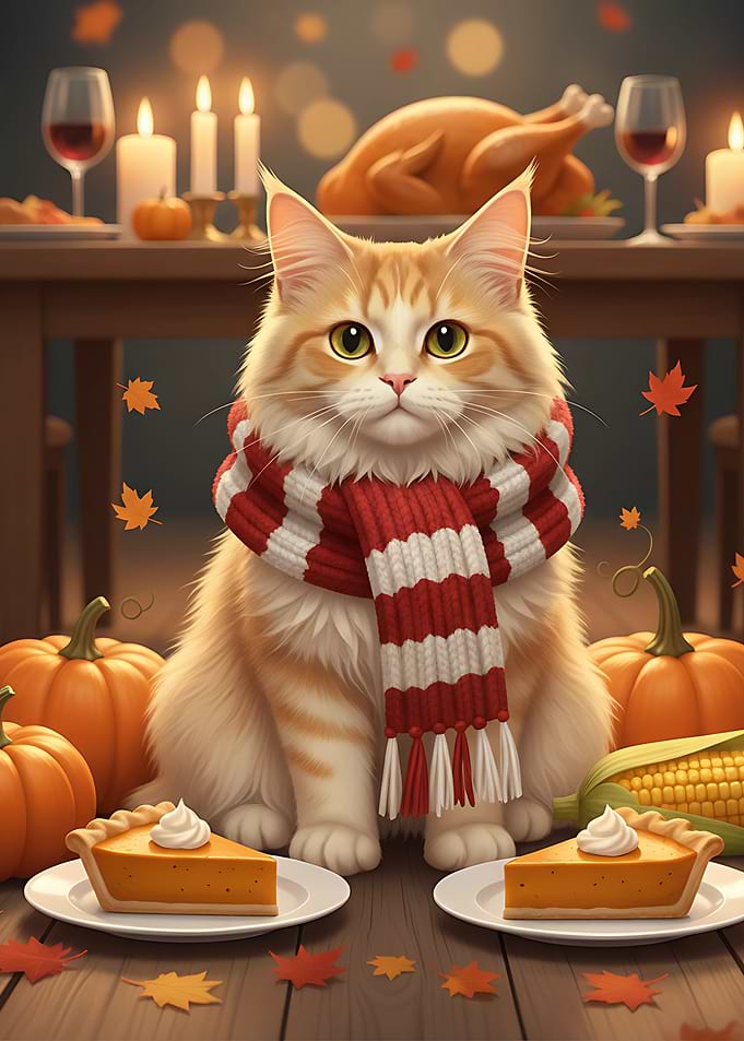 Cozy Thanksgiving Cat with Pumpkin Pie and Autumn Feast