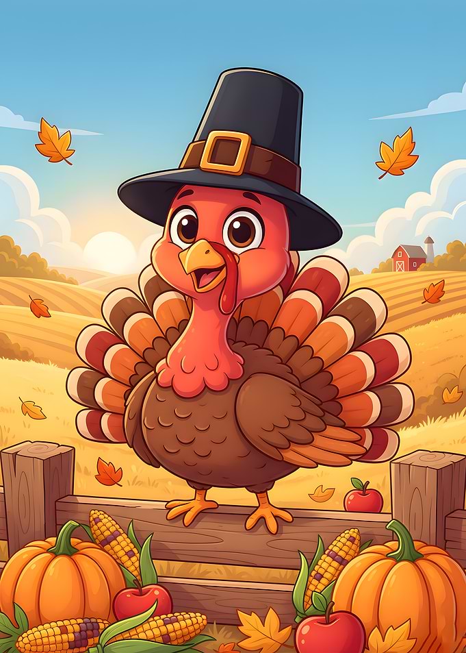 Cartoon Thanksgiving Turkey with Pilgrim Hat