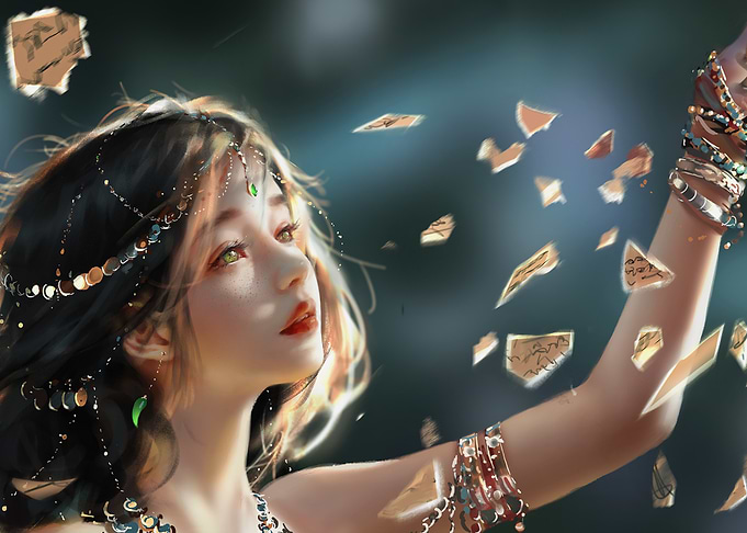 Enchanting Woman with Floating Paper Shards
