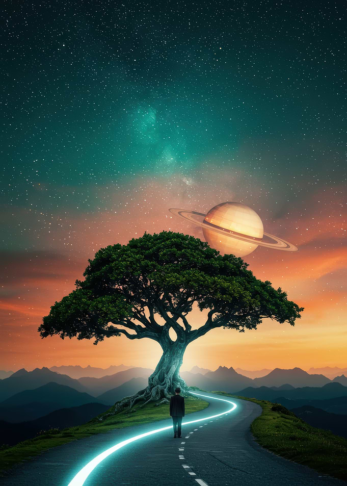 Cosmic Journey: Tree, Planet, and Path