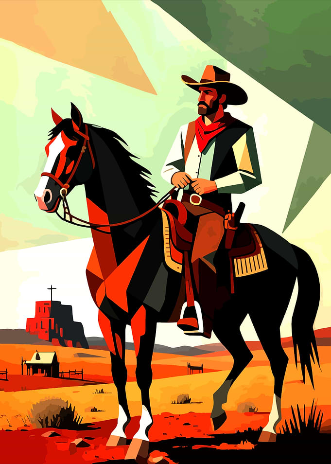 Cowboy on Horseback in Western Landscape