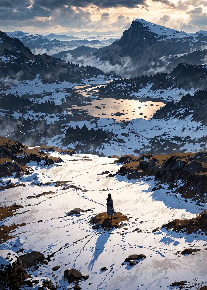 Snowy Mountain Landscape with Lone Figure