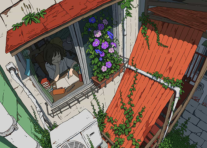 Girl Studying by Window with Morning Glories