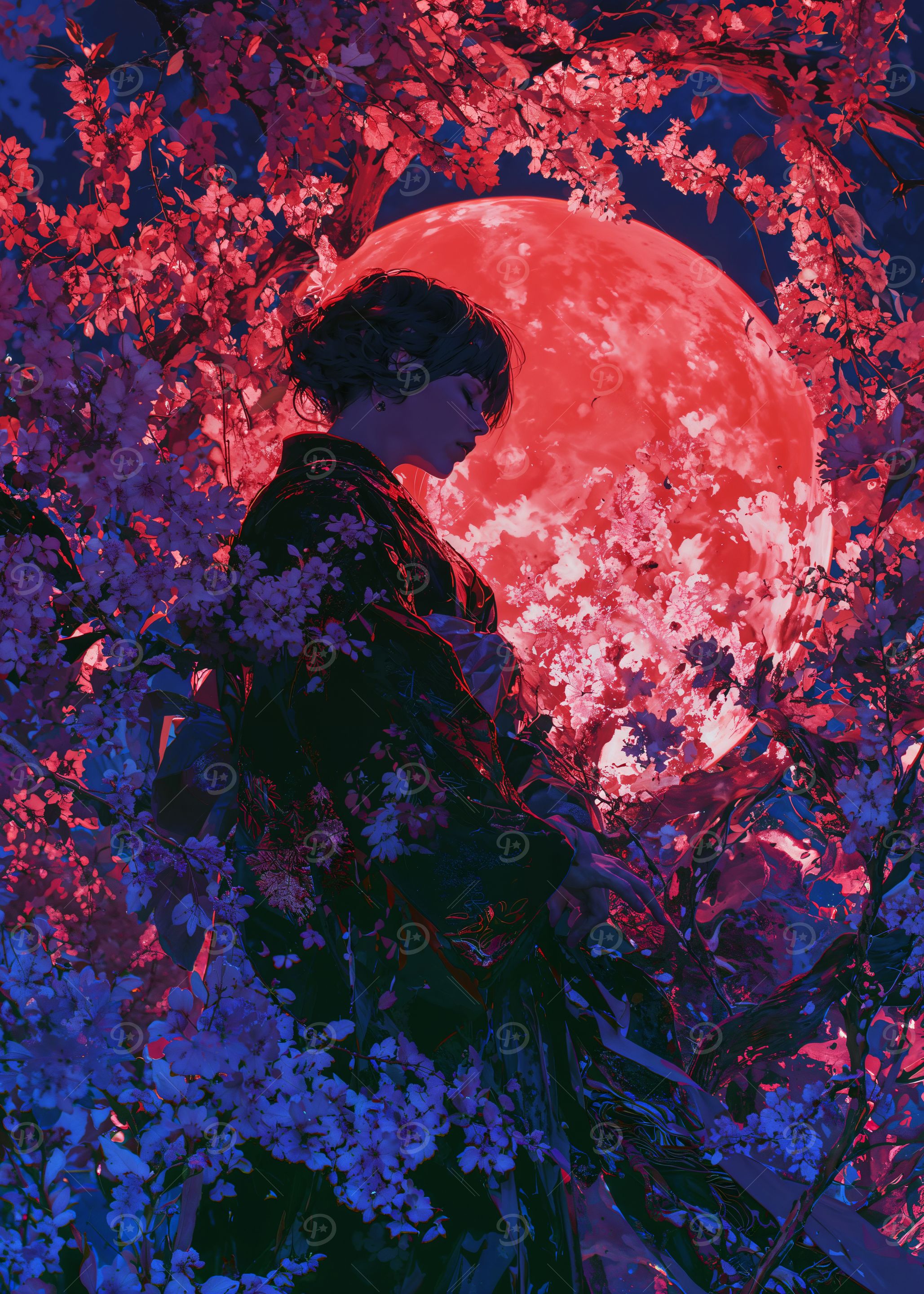 Woman in Kimono with Red Moon