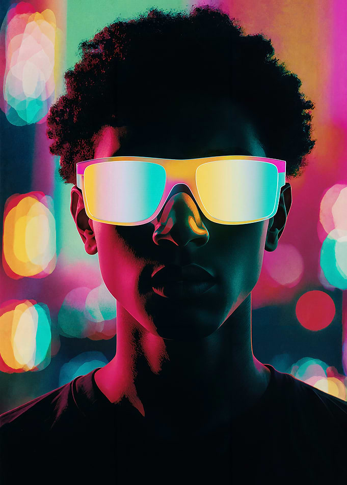Man with Reflective Sunglasses in Neon Light