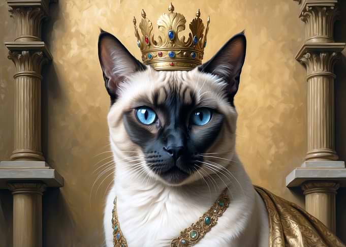 Regal Siamese Cat Portrait with Crown