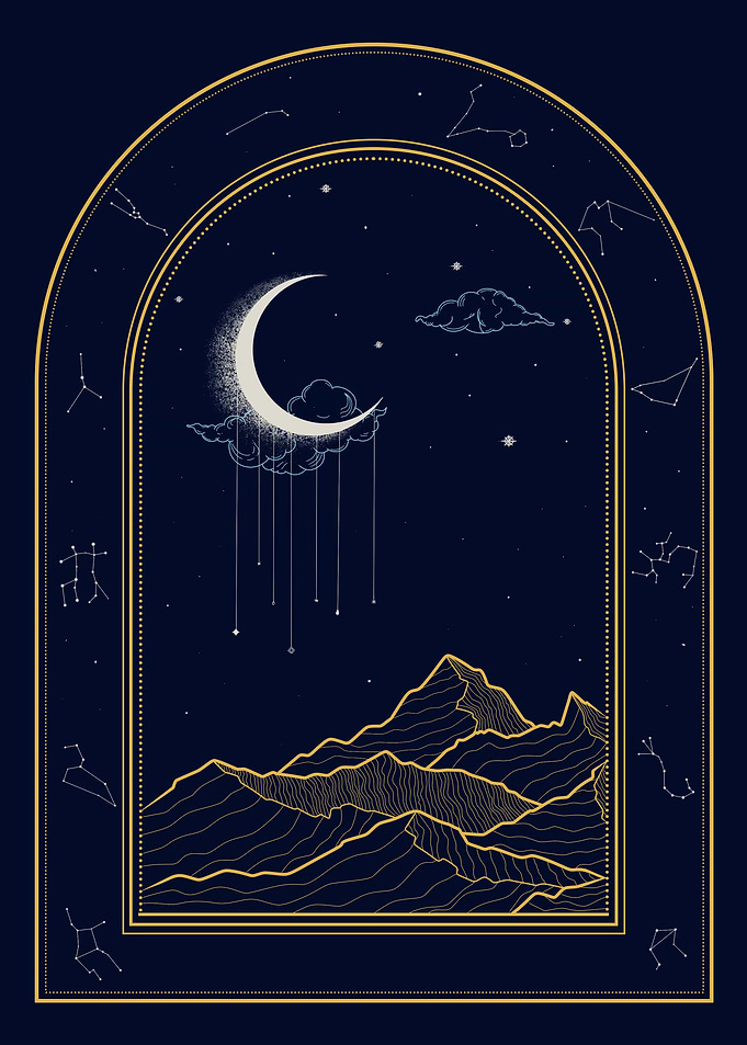 Celestial Mountainscape with Moon and Constellations