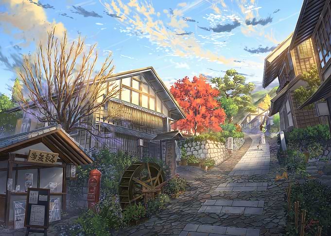 Japanese Village Street Scene Illustration
