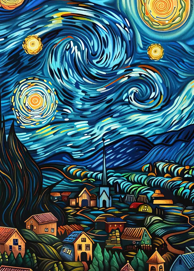 Starry Night Inspired Village Painting