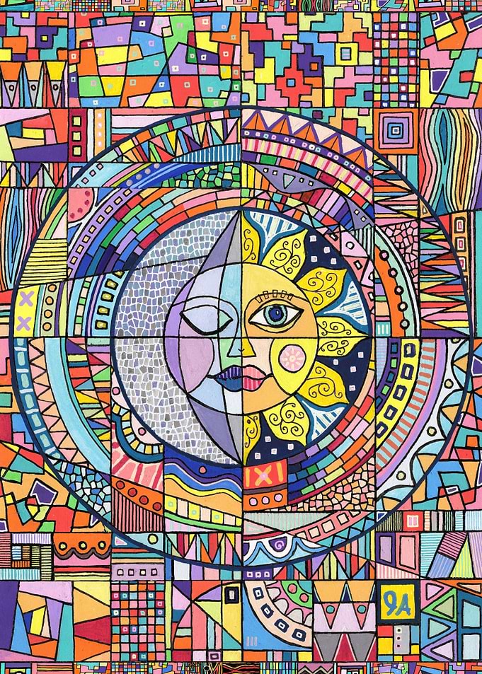 The Sun Awakens Mosaic - Sun and Moon Colorful Abstract Art