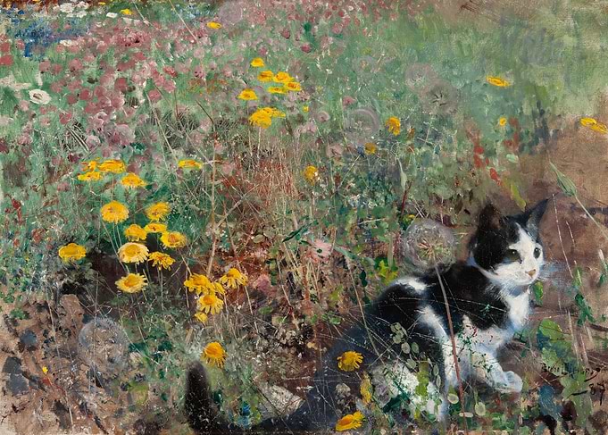 Cat in a Flower Garden Painting