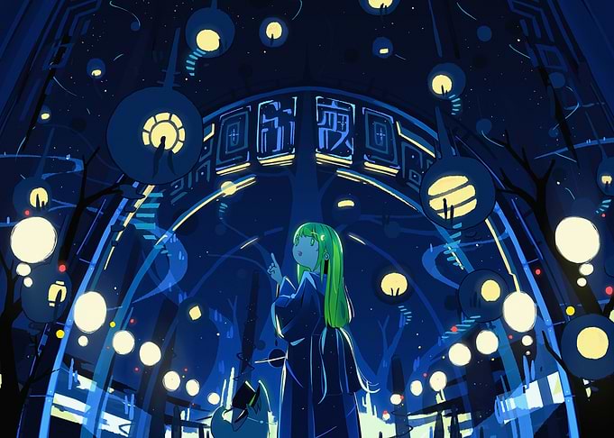 Anime Girl in Illuminated Cityscape